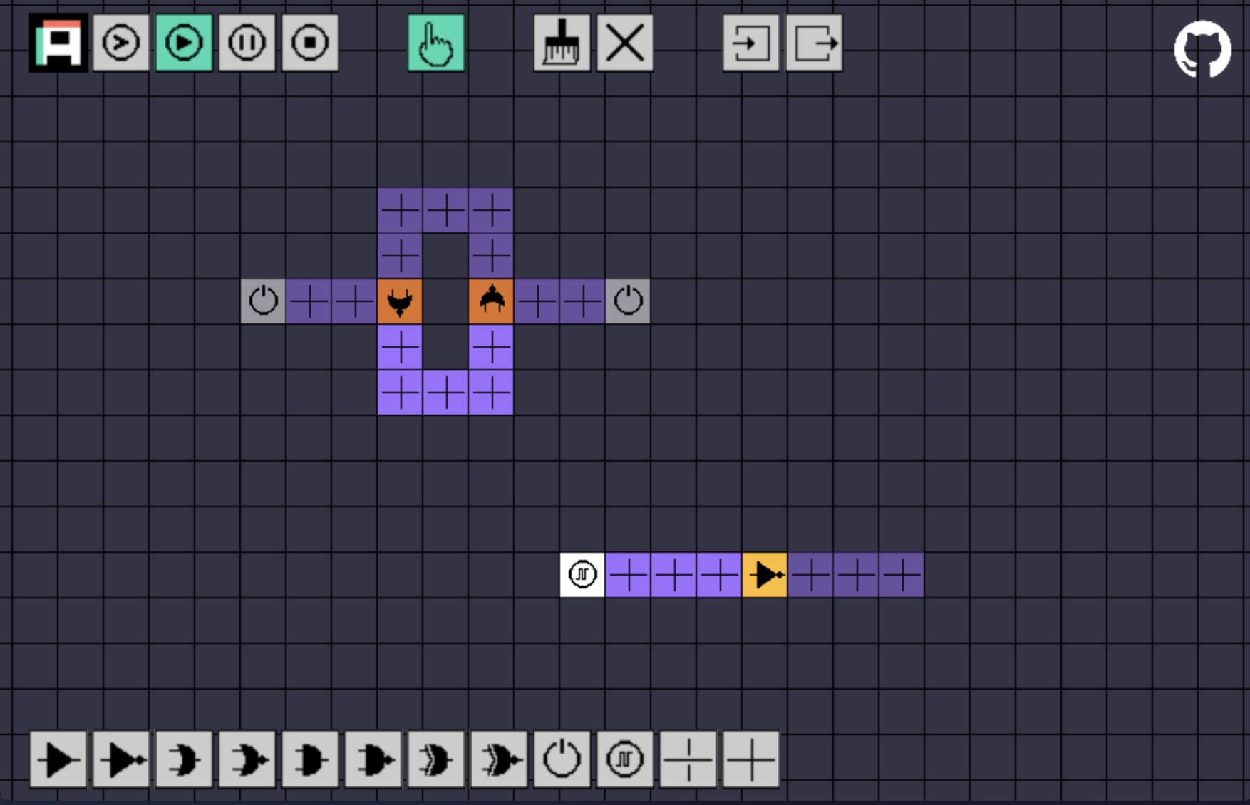 The AmPix editor: a logic circuit of wires, switches and gates on a grid, with the parts toolbar below