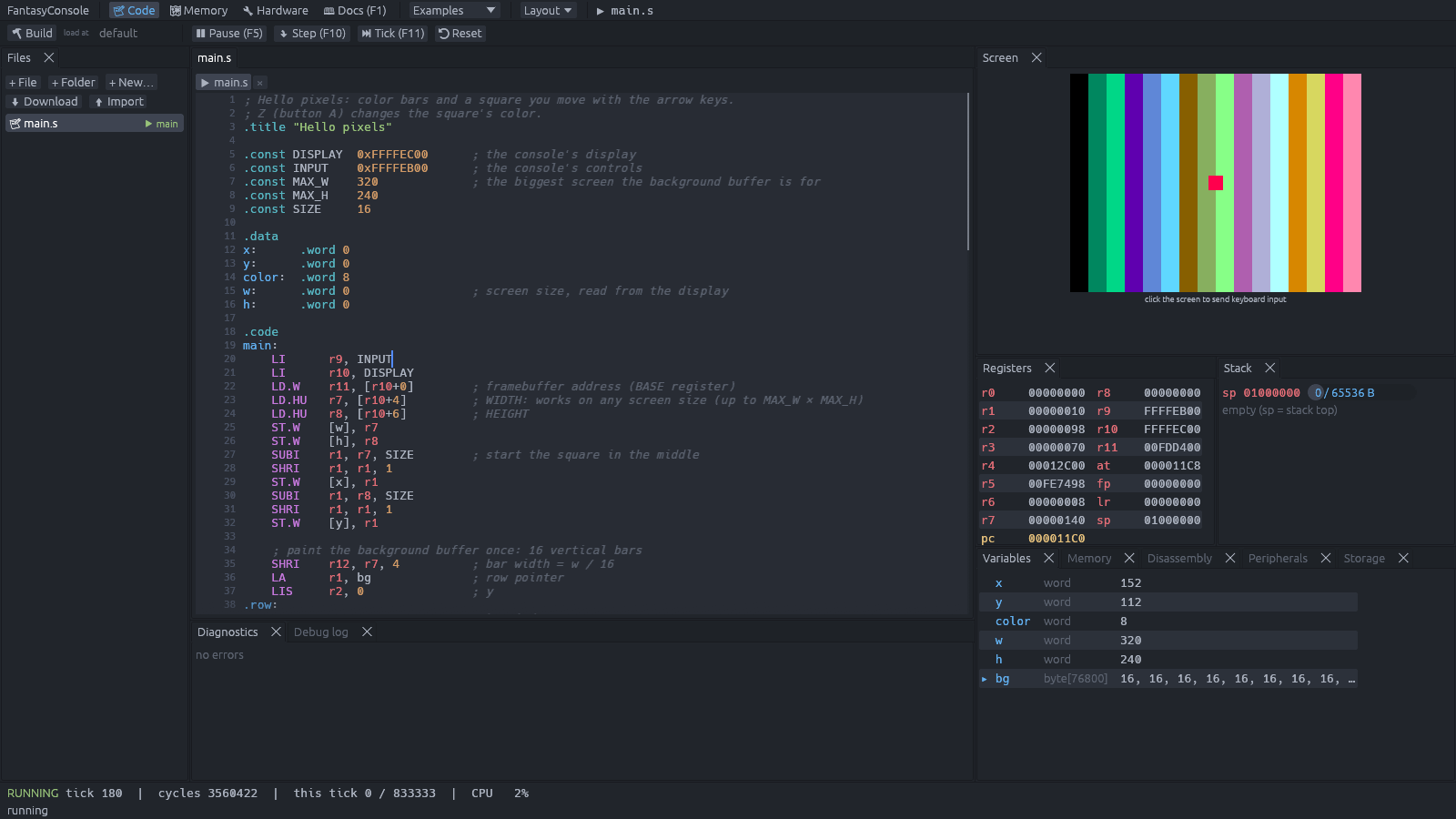 The FantasyConsole web IDE: an assembly program in the editor, its color bars on the console's screen, and the CPU registers and variables