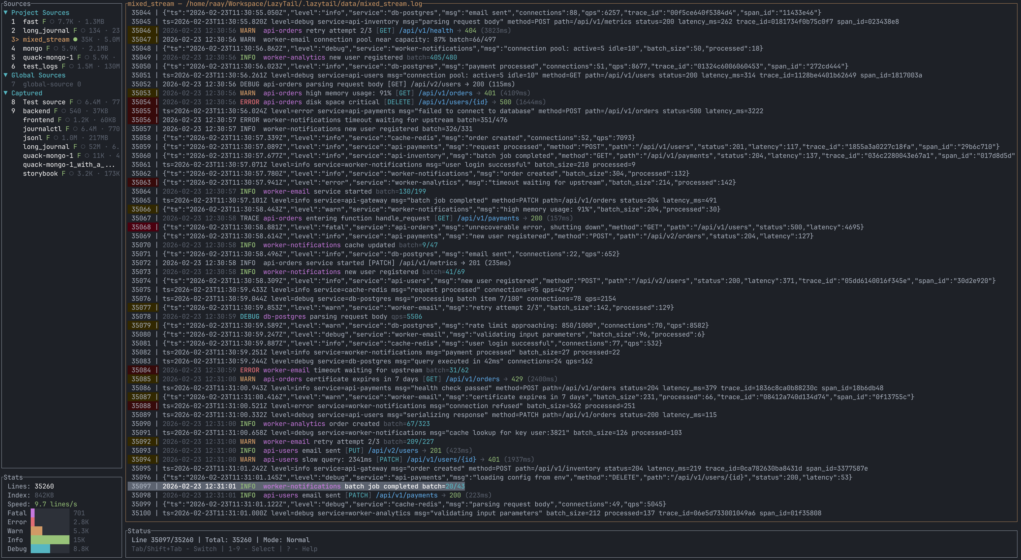 LazyTail in a terminal: log sources on the left, log lines colored by level, and counts per level at the bottom