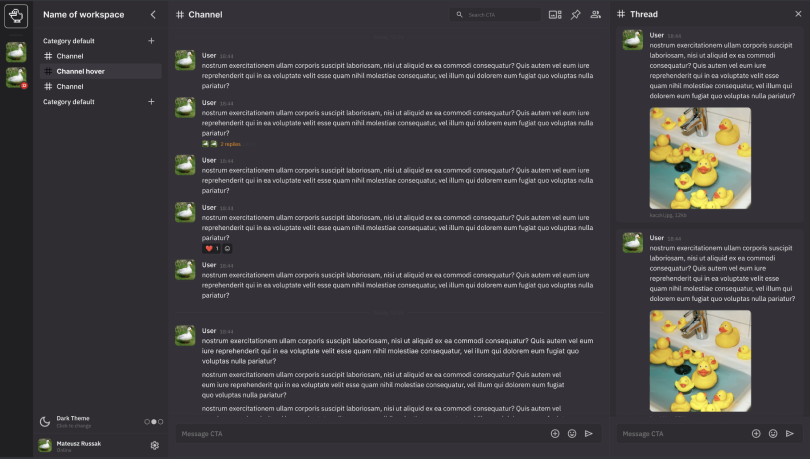 Quack's chat window in the dark theme: a channel of messages, and an open thread with photos of rubber ducks