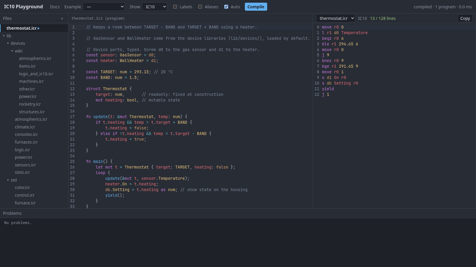 The IC10 Playground: a thermostat program in the RustyIC10 language, and the IC10 code it compiles to